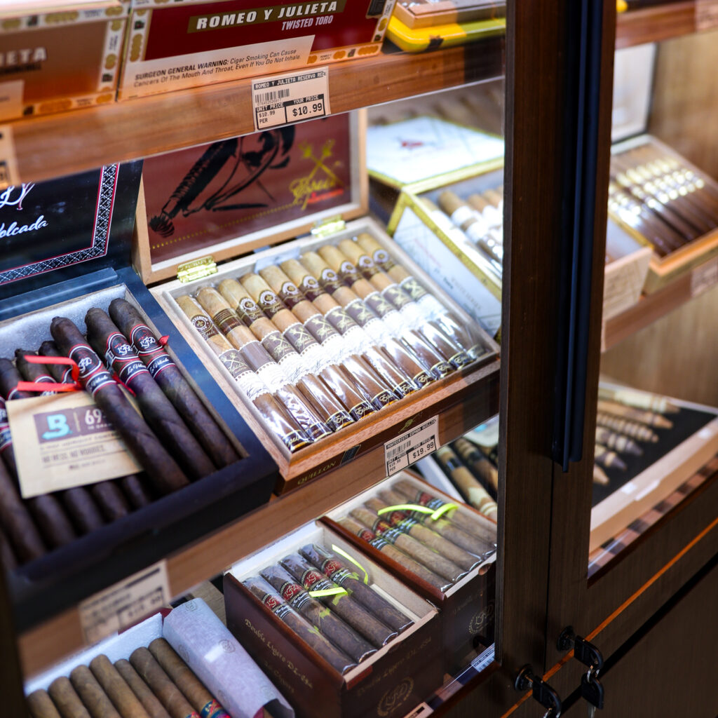 High-quality cigars on display at Ormond Liquor’s walk-in humidor