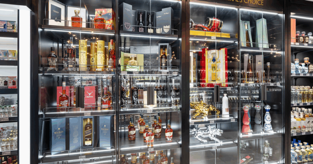 Glass display showcasing rare bourbons, luxury tequila, and premium whiskey bottles at Ormond Liquor in Ormond Beach Florida